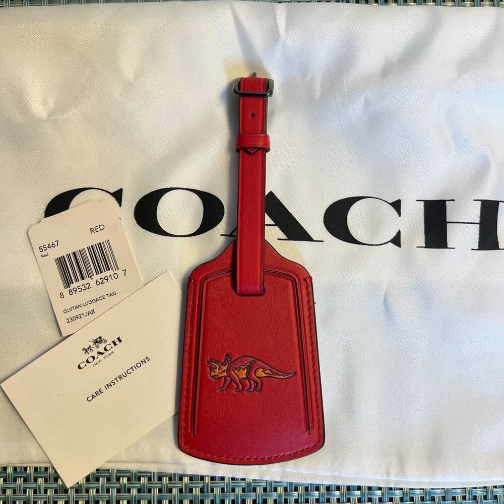 NEW Coach Tricky Dinosaur Luggage Tag Glovetanned Leather Red